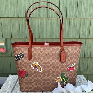 Coach City Tote Bag Purse In Signature Canvas With Sticker Print Rexy